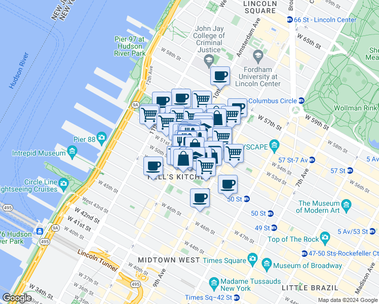 map of restaurants, bars, coffee shops, grocery stores, and more near 752 10th Avenue in New York