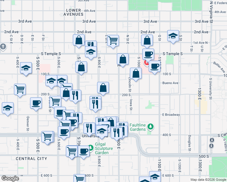 map of restaurants, bars, coffee shops, grocery stores, and more near 863 East 200 South in Salt Lake City