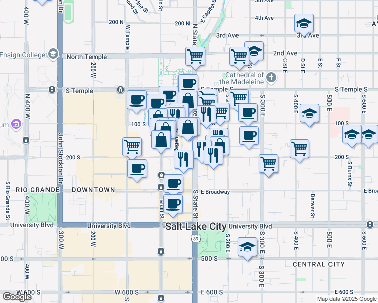 map of restaurants, bars, coffee shops, grocery stores, and more near 89 East 200 South in Salt Lake City