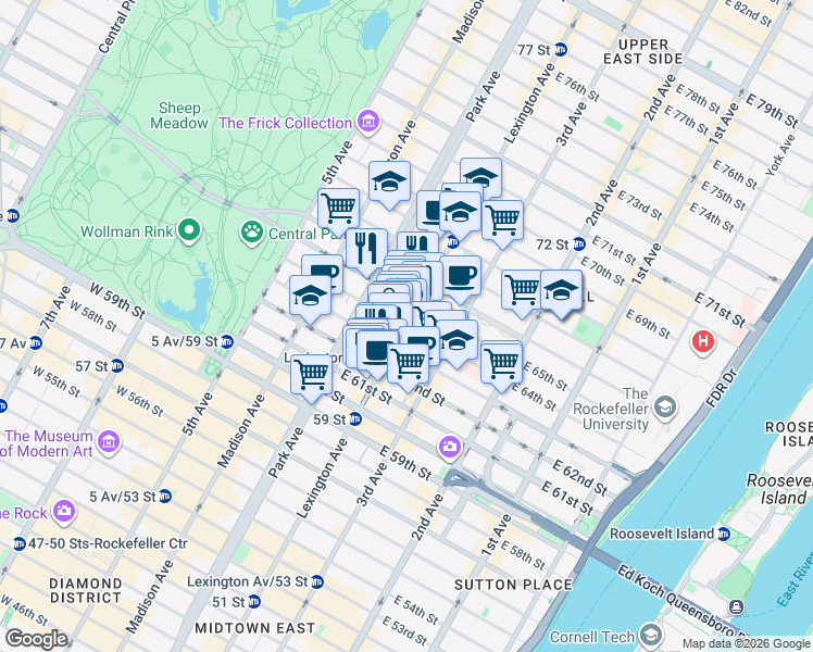 map of restaurants, bars, coffee shops, grocery stores, and more near Lexington Avenue & East 64th Street in New York