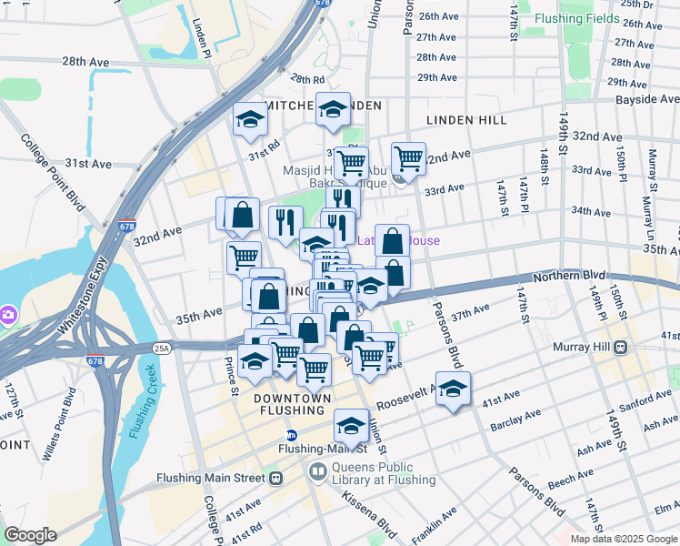 map of restaurants, bars, coffee shops, grocery stores, and more near 35th Avenue & Union Street in Queens
