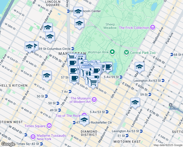 map of restaurants, bars, coffee shops, grocery stores, and more near 150 West 58th Street in New York