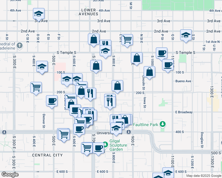 map of restaurants, bars, coffee shops, grocery stores, and more near 178 South 800 East Street in Salt Lake City