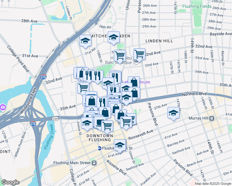 map of restaurants, bars, coffee shops, grocery stores, and more near in Queens