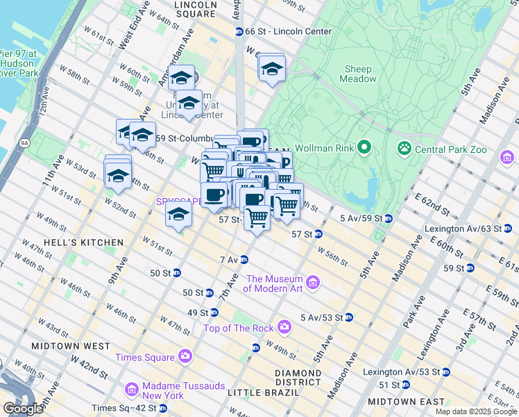 map of restaurants, bars, coffee shops, grocery stores, and more near 1745 Broadway in New York