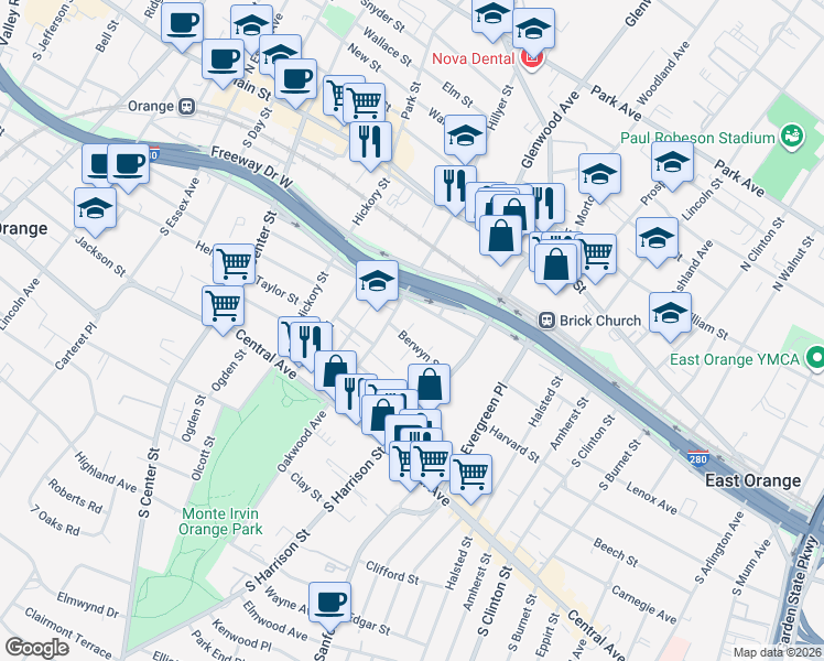 map of restaurants, bars, coffee shops, grocery stores, and more near 43 Berwyn Street in City of Orange