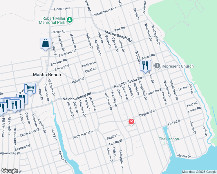 map of restaurants, bars, coffee shops, grocery stores, and more near 151 Neighborhood Road in Mastic Beach