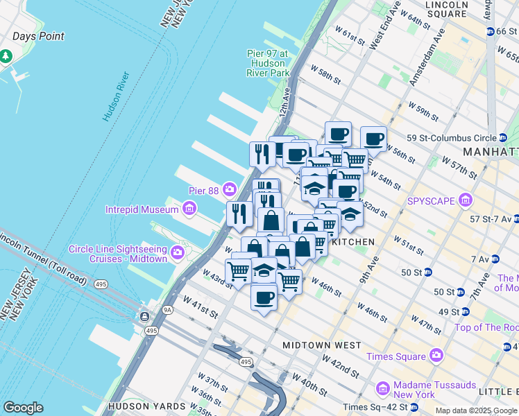 map of restaurants, bars, coffee shops, grocery stores, and more near 621 West 48th Street in New York