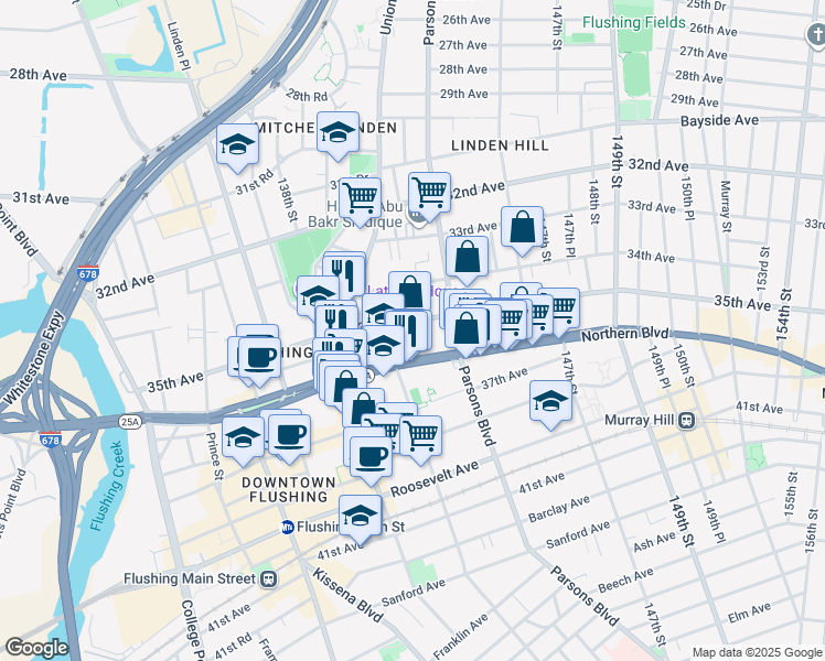 map of restaurants, bars, coffee shops, grocery stores, and more near 139-66 35th Avenue in Queens