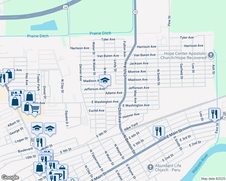 map of restaurants, bars, coffee shops, grocery stores, and more near 301-349 Jefferson Ave in Peru