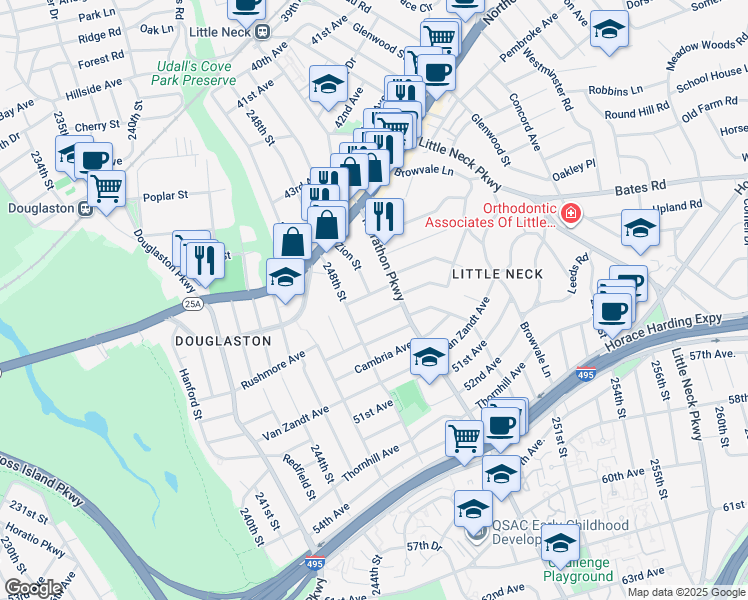 map of restaurants, bars, coffee shops, grocery stores, and more near 248-30 Thebes Avenue in Queens