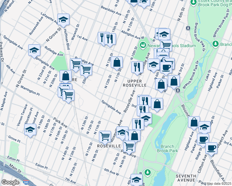 map of restaurants, bars, coffee shops, grocery stores, and more near 14-16 North 10th Street in Newark