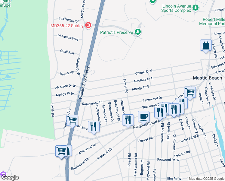map of restaurants, bars, coffee shops, grocery stores, and more near 55 Arpage Drive East in Shirley