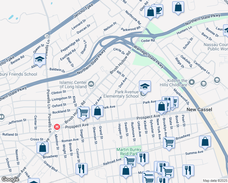 map of restaurants, bars, coffee shops, grocery stores, and more near 21 2nd Avenue in Westbury