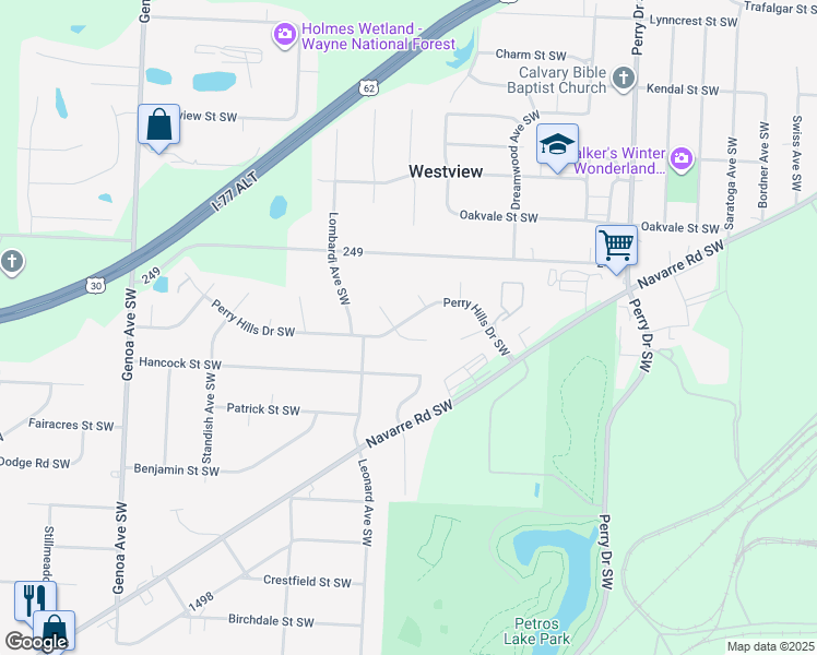 map of restaurants, bars, coffee shops, grocery stores, and more near 5484 Perry Hills Drive Southwest in Canton