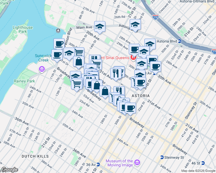 map of restaurants, bars, coffee shops, grocery stores, and more near 31-41 23rd Street in Queens