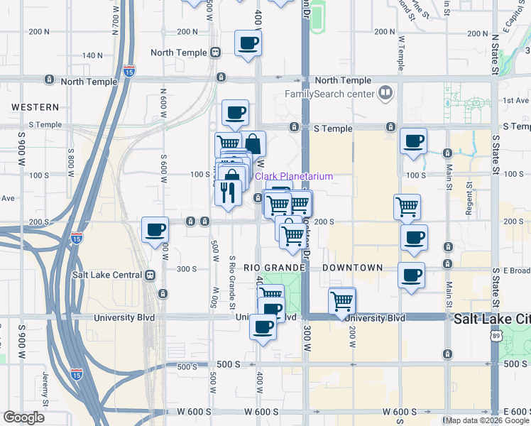 map of restaurants, bars, coffee shops, grocery stores, and more near 380 West 200 South in Salt Lake City