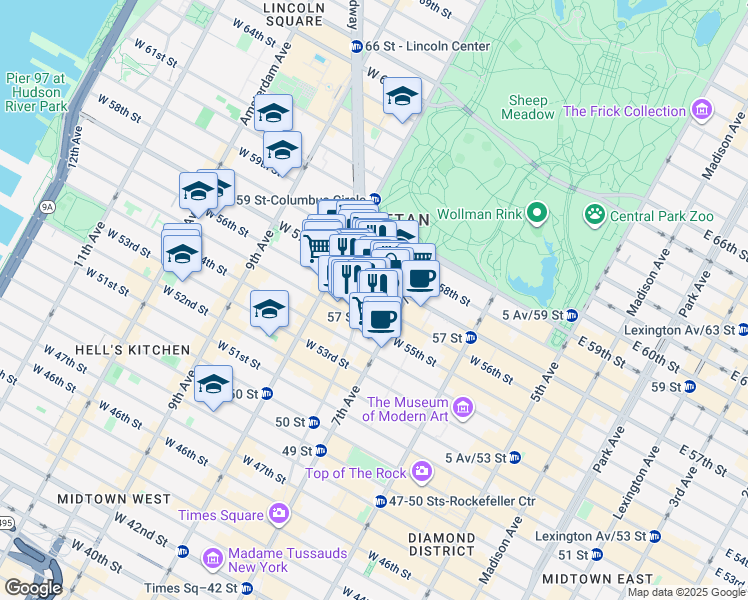 map of restaurants, bars, coffee shops, grocery stores, and more near 56 8th Avenue in New York