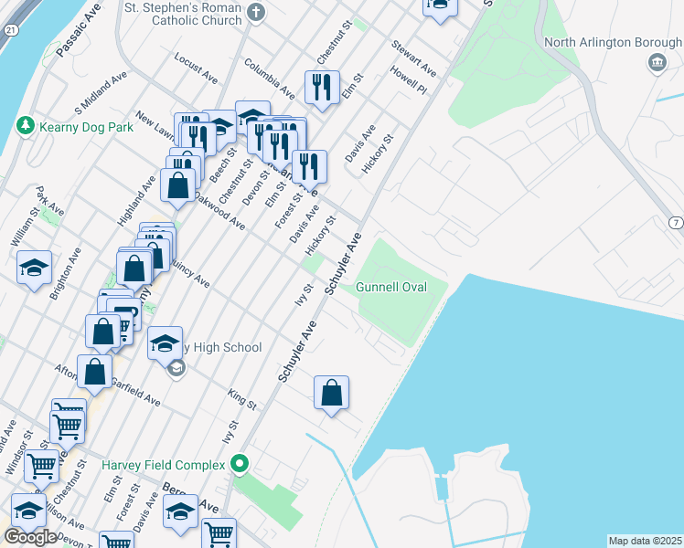 map of restaurants, bars, coffee shops, grocery stores, and more near 500 Schuyler Avenue in Kearny