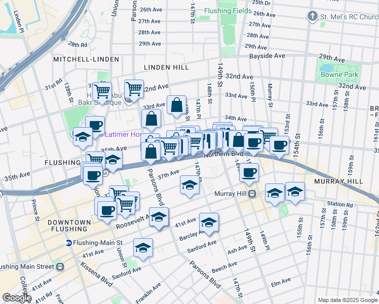 map of restaurants, bars, coffee shops, grocery stores, and more near 146-25 Northern Boulevard in Queens