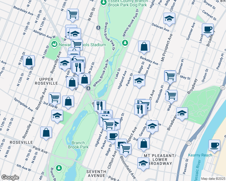 map of restaurants, bars, coffee shops, grocery stores, and more near 419 Lake Street in Newark