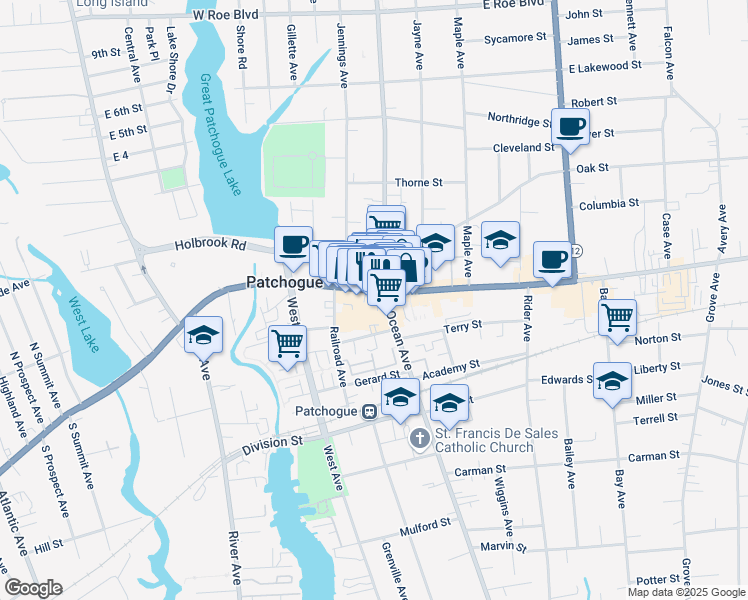 map of restaurants, bars, coffee shops, grocery stores, and more near 8 West Main Street in Patchogue