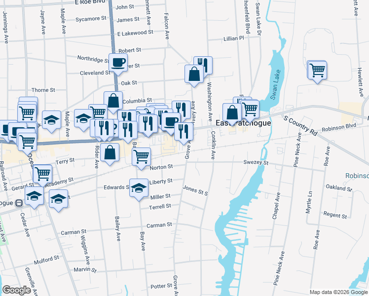 map of restaurants, bars, coffee shops, grocery stores, and more near 382 East Main Street in Patchogue
