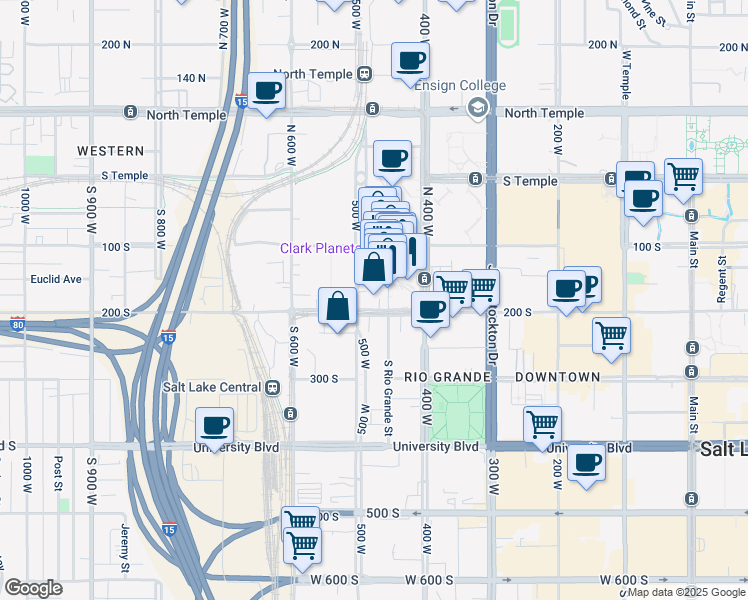 map of restaurants, bars, coffee shops, grocery stores, and more near 178 South Rio Grande Street in Salt Lake City
