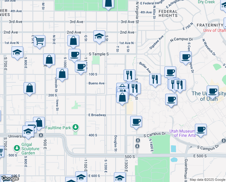 map of restaurants, bars, coffee shops, grocery stores, and more near 1255 200 South in Salt Lake City