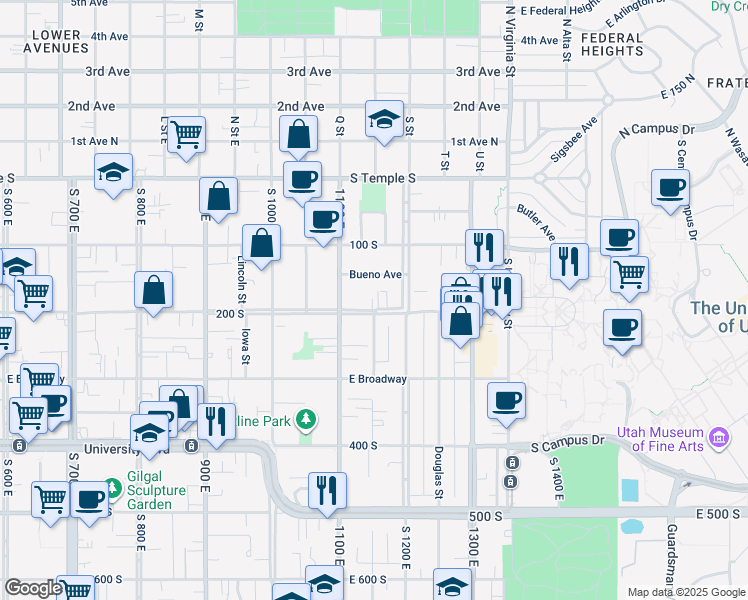 map of restaurants, bars, coffee shops, grocery stores, and more near 1147 East 200 South in Salt Lake City