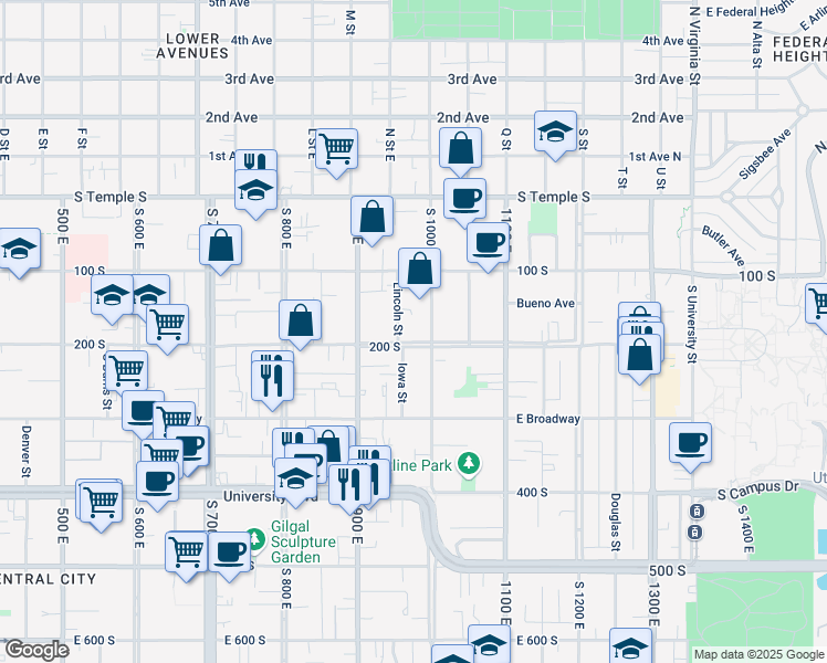 map of restaurants, bars, coffee shops, grocery stores, and more near 170 South 1000 East in Salt Lake City