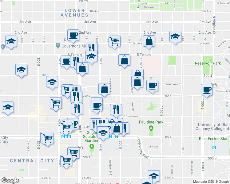 map of restaurants, bars, coffee shops, grocery stores, and more near 174 South 900 East in Salt Lake City