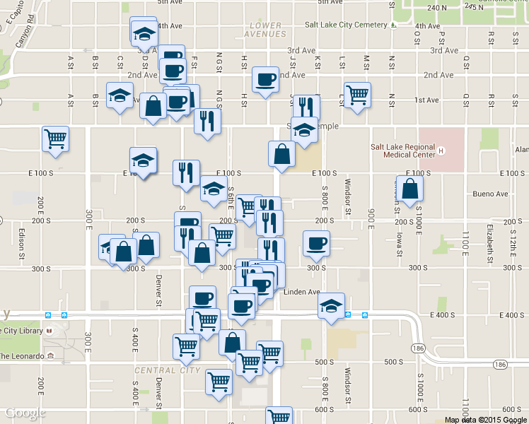 map of restaurants, bars, coffee shops, grocery stores, and more near 160 South 700 East in Salt Lake City