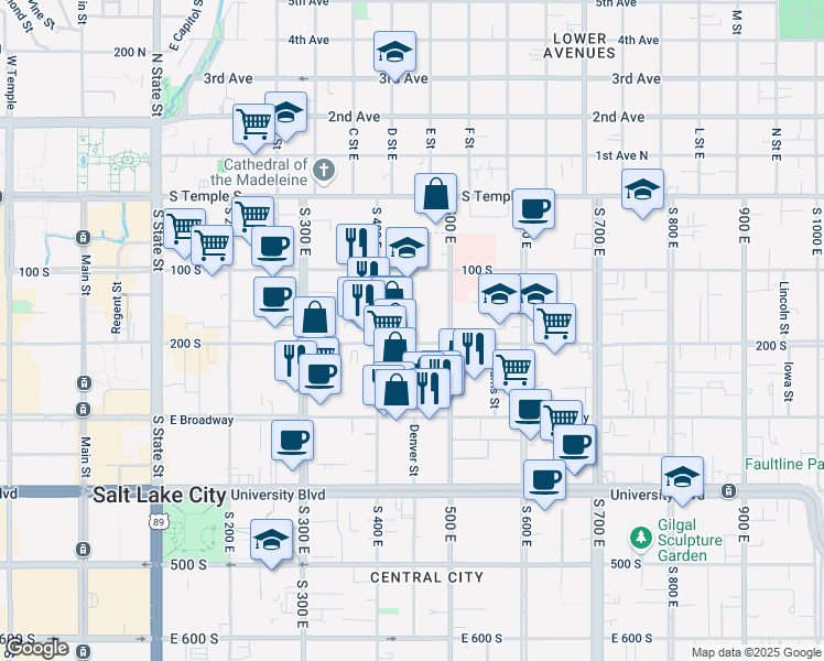 map of restaurants, bars, coffee shops, grocery stores, and more near 165 South 400 East in Salt Lake City