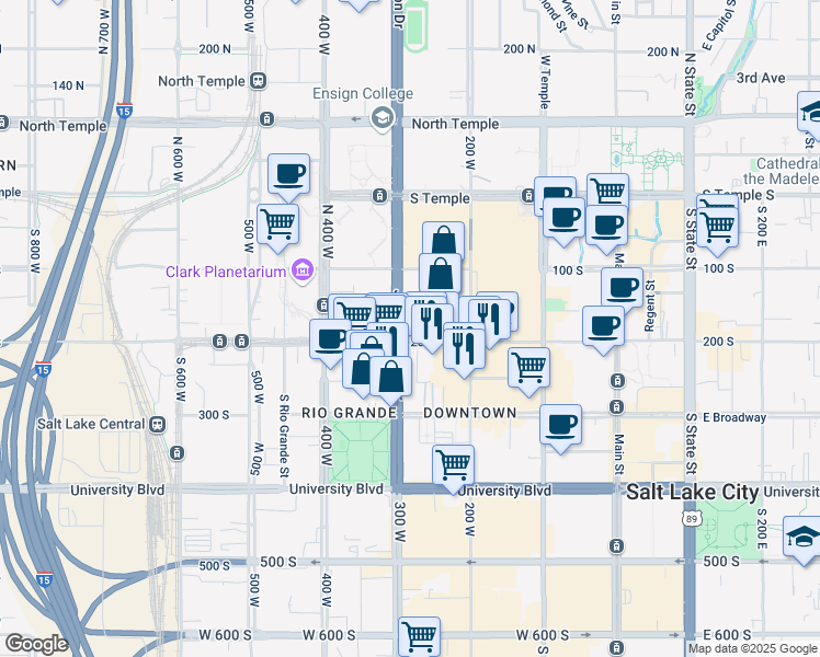 map of restaurants, bars, coffee shops, grocery stores, and more near 238 West 200 South in Salt Lake City
