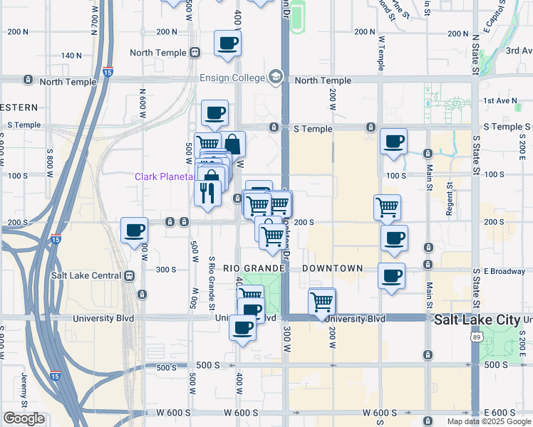 map of restaurants, bars, coffee shops, grocery stores, and more near 360 West 200 South in Salt Lake City