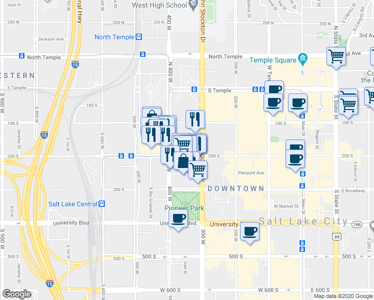 map of restaurants, bars, coffee shops, grocery stores, and more near 360 West 200 South in Salt Lake City