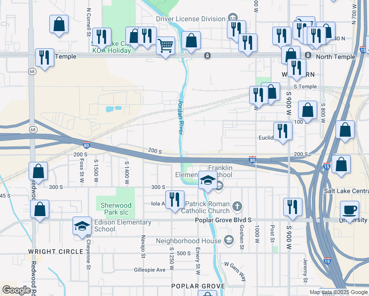 map of restaurants, bars, coffee shops, grocery stores, and more near 1206 200 South in Salt Lake City