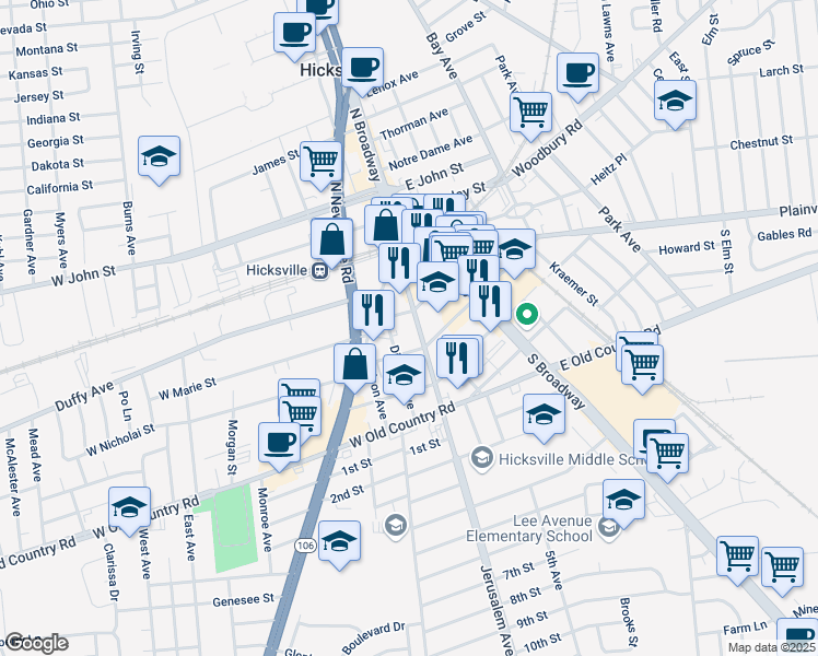 map of restaurants, bars, coffee shops, grocery stores, and more near 63 West Marie Street in Hicksville