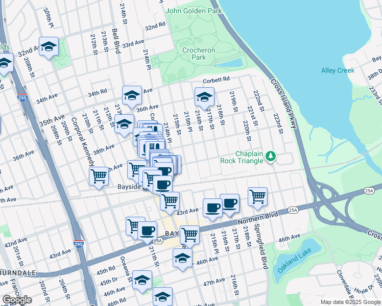 map of restaurants, bars, coffee shops, grocery stores, and more near 39-11 215th Street in Queens