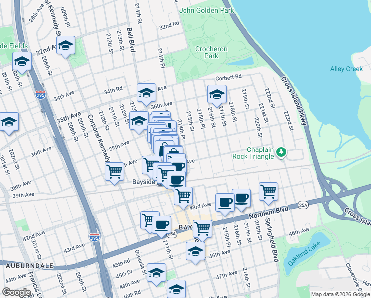 map of restaurants, bars, coffee shops, grocery stores, and more near 39-2 214th Place in Queens