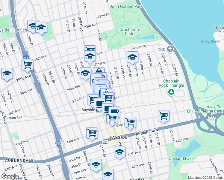map of restaurants, bars, coffee shops, grocery stores, and more near 39-2 214th Place in Queens