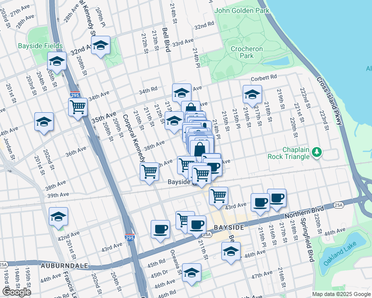 map of restaurants, bars, coffee shops, grocery stores, and more near 38-36 213th Street in Queens