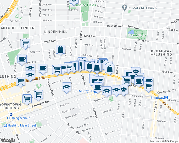 map of restaurants, bars, coffee shops, grocery stores, and more near 35-35 149th Place in Queens