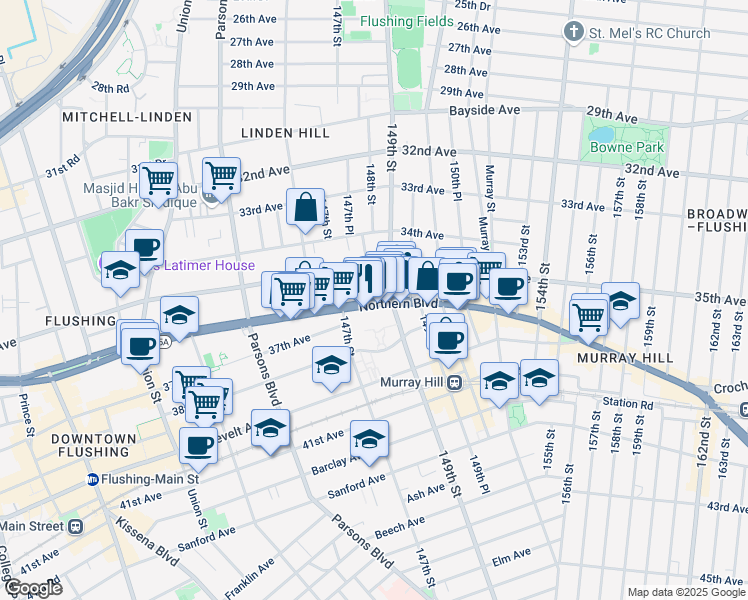 map of restaurants, bars, coffee shops, grocery stores, and more near 14720 Northern Boulevard in Queens