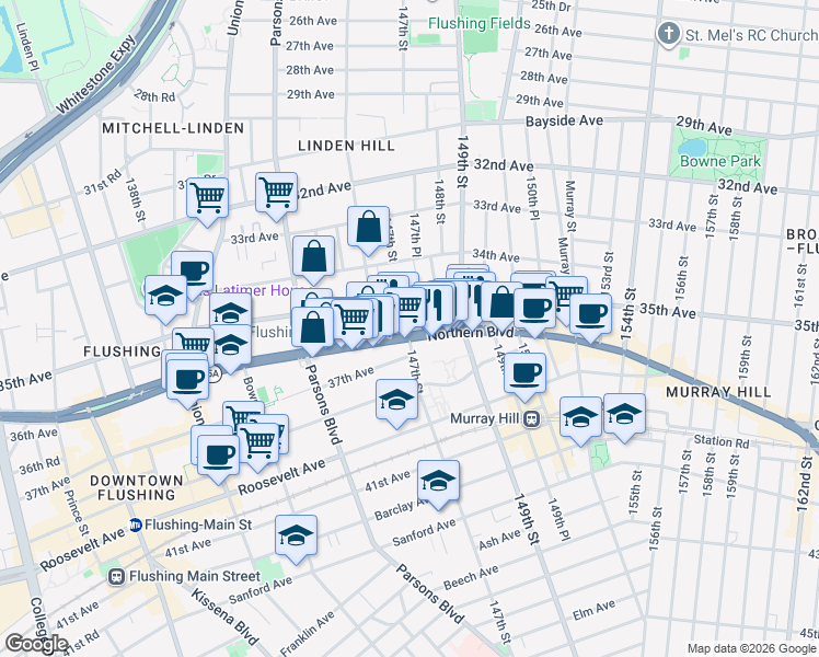 map of restaurants, bars, coffee shops, grocery stores, and more near 146-25 Northern Boulevard in Queens