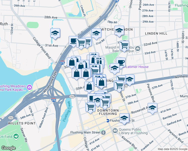 map of restaurants, bars, coffee shops, grocery stores, and more near 33-37 Prince Street in Queens