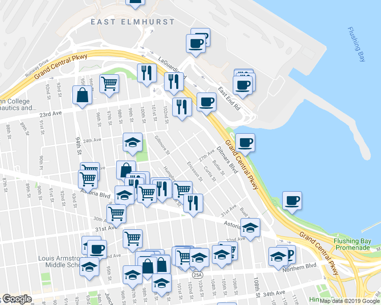 map of restaurants, bars, coffee shops, grocery stores, and more near 25-25 Curtis Street in Queens