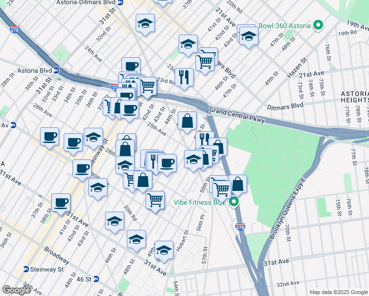 map of restaurants, bars, coffee shops, grocery stores, and more near 46-10 25th Avenue in Queens
