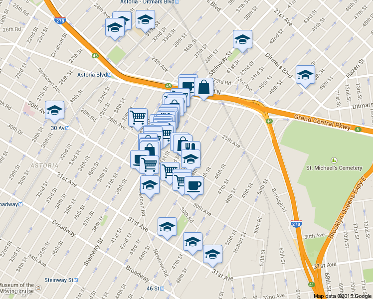 map of restaurants, bars, coffee shops, grocery stores, and more near 25-63 42nd Street in Queens